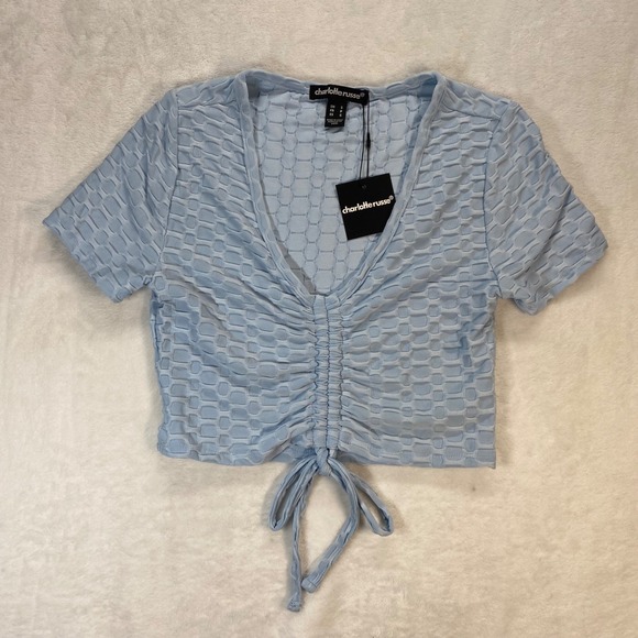 Charlotte Russe Ruched Front Crop Top Plunge Neck Textured Blue Small y2k‎ 2000s - Picture 1 of 9